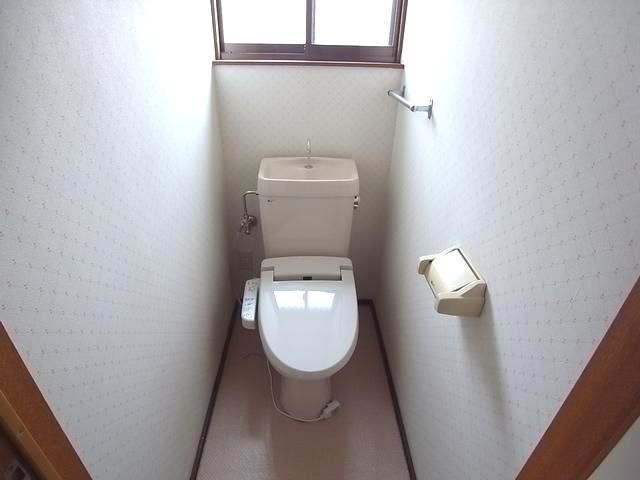 Toilet. Toilet is equipped with shower.