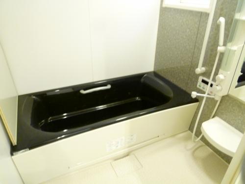 Bathroom. Bathtub of chic black! Bath time calm relaxed