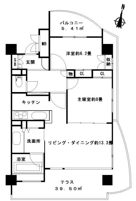 Floor plan. 2LDK, Price 22 million yen, Occupied area 73.59 sq m , Balcony area 44.91 sq m