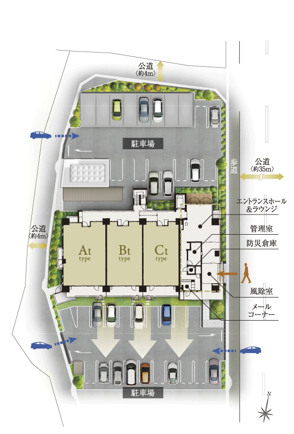 Features of the building.  [Land Plan] Attract sunlight plenty in the room, High livability by Zenteiminami oriented design. Taking advantage of the site shape, All 59 House worth of parking has been secured in the two places of the south side and the north side (site layout)