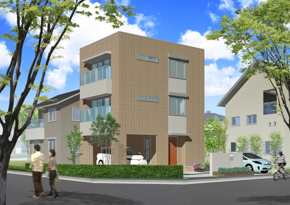 Rendering (appearance). Appearance image view. It is a three-story house with a built-in garage.