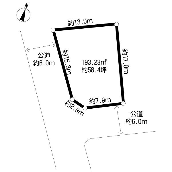 Compartment figure. Land price 12.3 million yen, Land area 193.23 sq m southwest corner lot About 58 square meters