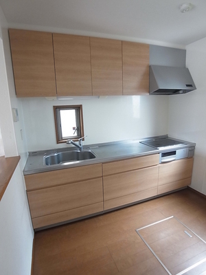 Kitchen. Bright kitchen with two faces lighting. 3-neck IH cooking heater with.