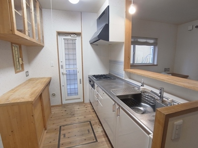 Kitchen. Face-to-face kitchen. It is useful, for example, garbage out there is a back door.