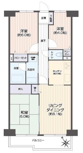 Floor plan. 3LDK, Price 12,980,000 yen, Occupied area 62.16 sq m , Balcony area 6.2 sq m