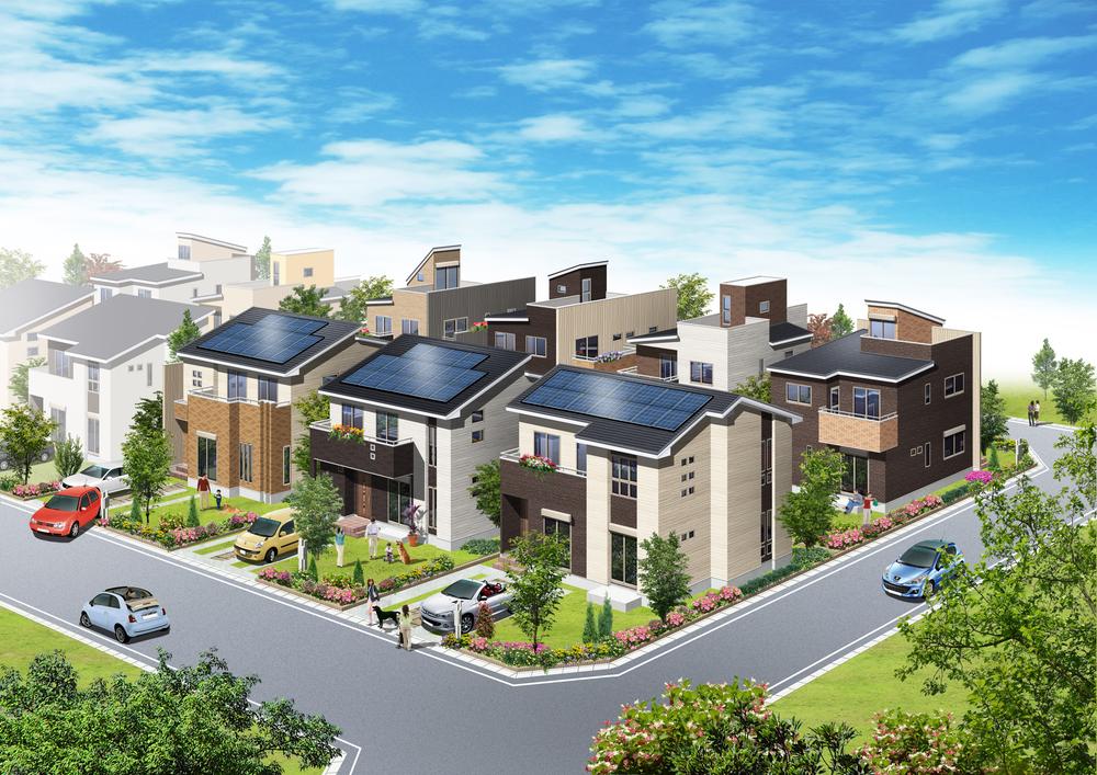 Construction completion expected view. Kitadoro compartment Sky roof balcony south road compartment is equipped with solar panels.