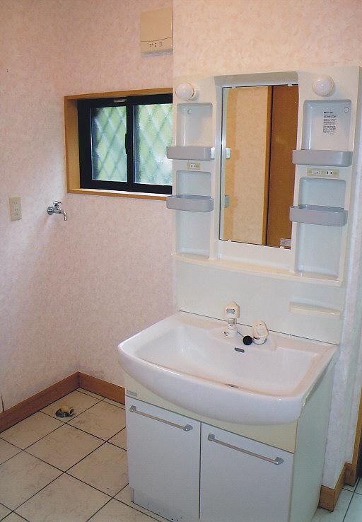 Wash basin, toilet. Spacious wash room of the space