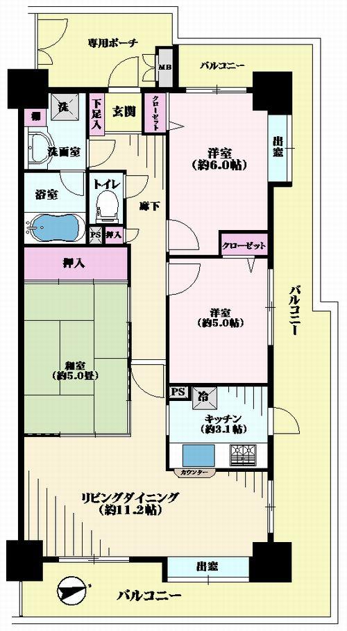 Floor plan. 3LDK, Price 36,700,000 yen, Occupied area 70.41 sq m , Balcony area 27.9 sq m