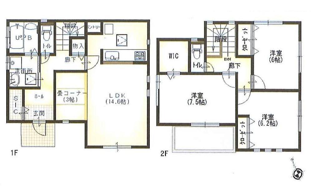 Building plan example (floor plan). Building plan example (Takinoi 1-chome No. 1 place) 3LDK, Land price 16 million yen, Land area 127.92 sq m , Building price 16.8 million yen, Building area 96.88 sq m