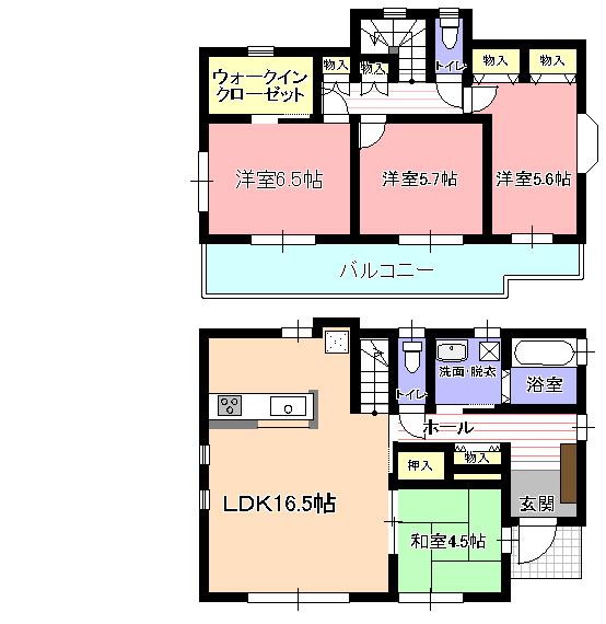 Building plan example (floor plan). Building area 1F54.87 sq m (16.60 square meters)        2F43.88 sq m (13.27 square meters)     TOTAL98.75 sq m (29.87 square meters) Amount of money 29.87 square meters × 50 million (excluding tax)