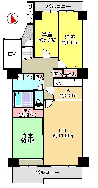 Floor plan. 3LDK, Price 12.4 million yen, Occupied area 77.73 sq m , Balcony area 11.48 sq m