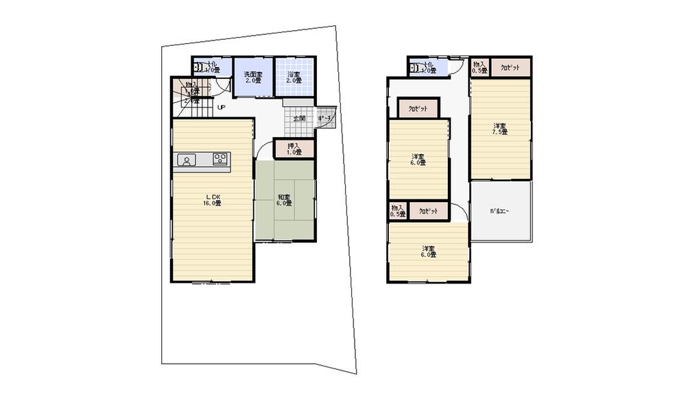 Building plan example (Perth ・ Introspection). LDK16 Pledgeese-style room 6 quires, Spacious floor plan of the main bedroom 7.5 Pledge. 
