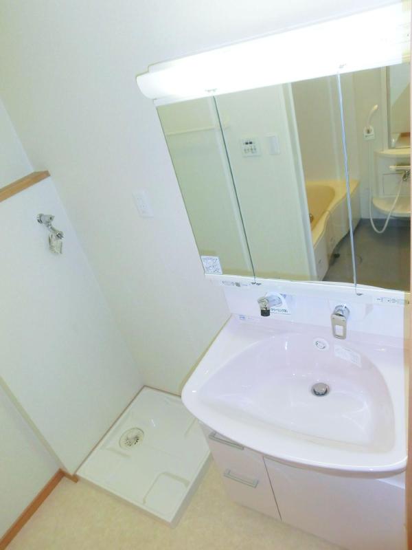 Washroom. 3-surface mirror with independent wash basin