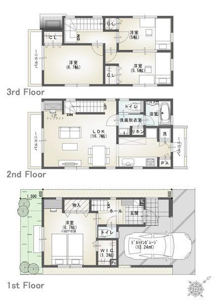 Building plan example (floor plan). <Architecture reference plan> spacious LDK of about 16.7 quires. Easy-to-use for two sided balcony! !
