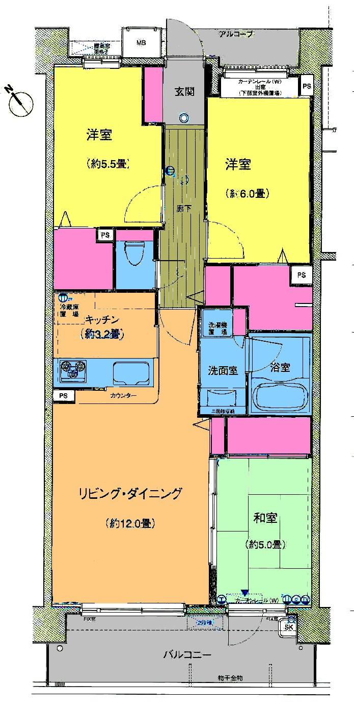 Floor plan. 3LDK, Price 19,800,000 yen, Occupied area 72.28 sq m , Balcony area 10.8 sq m