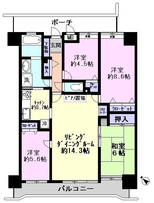Floor plan. 4LDK, Price 11.8 million yen, Occupied area 90.39 sq m , Balcony area 7.64 sq m