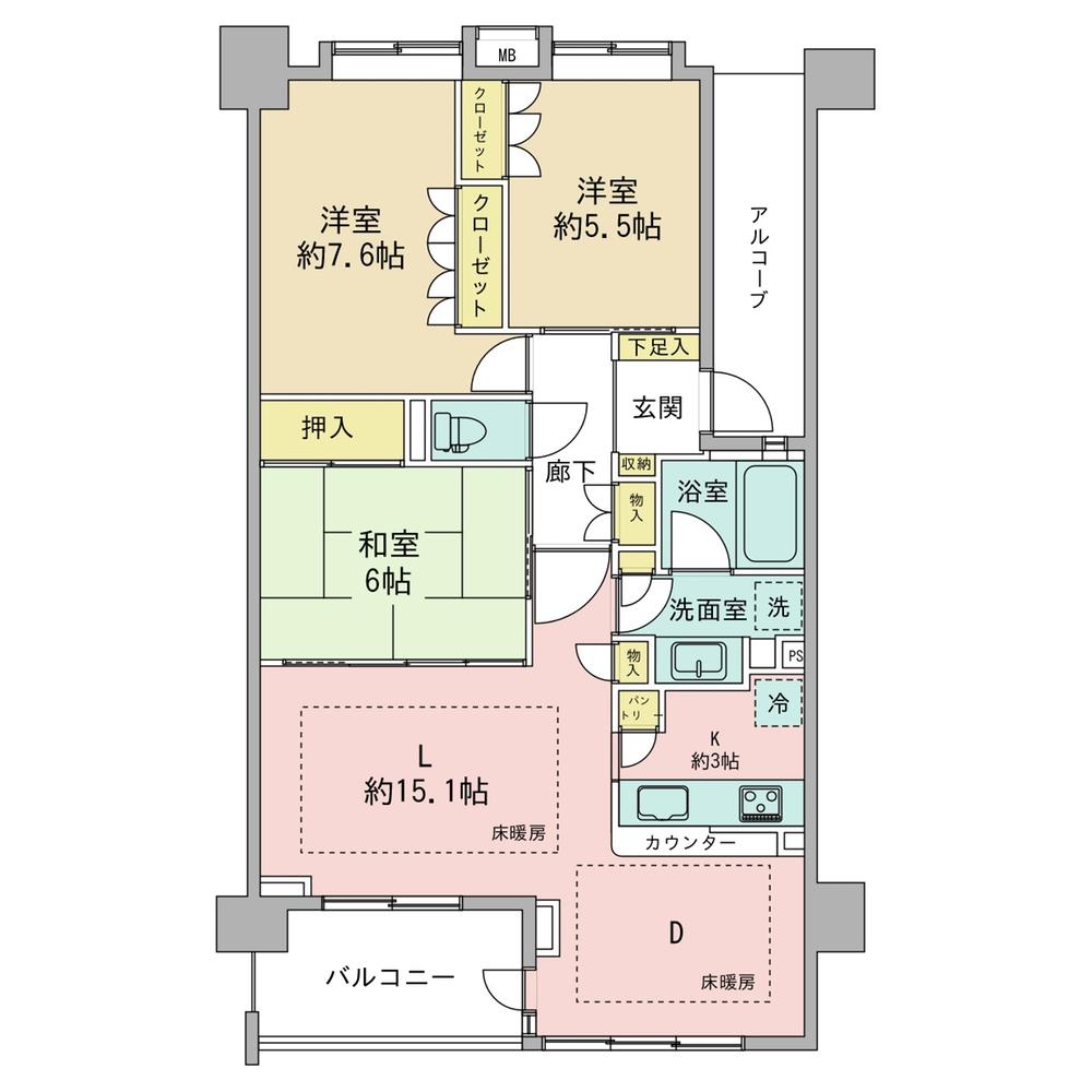 Floor plan. 3LDK, Price 18,800,000 yen, Occupied area 80.12 sq m , Balcony area 7.3 sq m