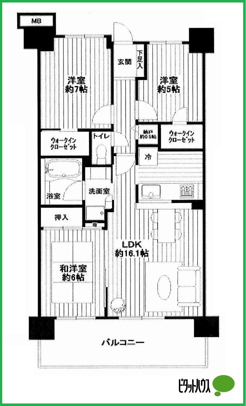 Floor plan. 3LDK, Price 18.5 million yen, Occupied area 75.11 sq m , Balcony area 13.4 sq m