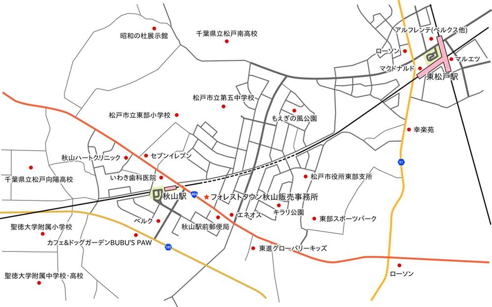Local guide map. First, until the Forest Town Akiyama sales office. KitaSosen "Akiyama" a 3-minute walk from the station, National highway along the 464 Highway.
