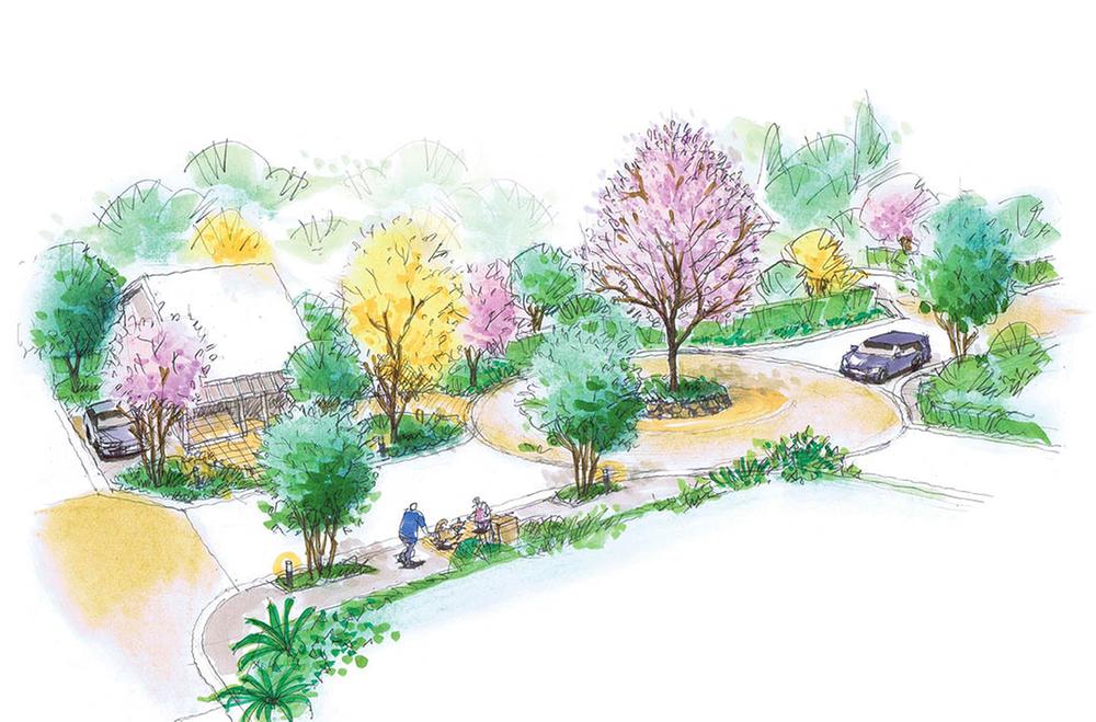 Construction completion expected view. In the space of the moisture is in the center of the city surrounded by the symbol tree or tree-lined, Providing a meeting place that can deepen exchanges. Center circle of people all of the community space to live in this "city" ・ meeting place. (Rendering)