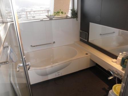 Bathroom. Bathing has oblong mirror.