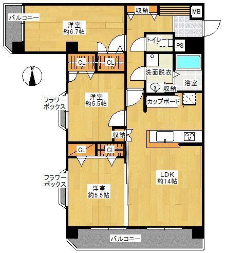 Floor plan. 3LDK, Price 16.8 million yen, Occupied area 70.47 sq m , Since the balcony area of 9.39 sq m square room ・ ・ It came in the light! It is a bright all of the room! ! All rooms were renovated in flooring