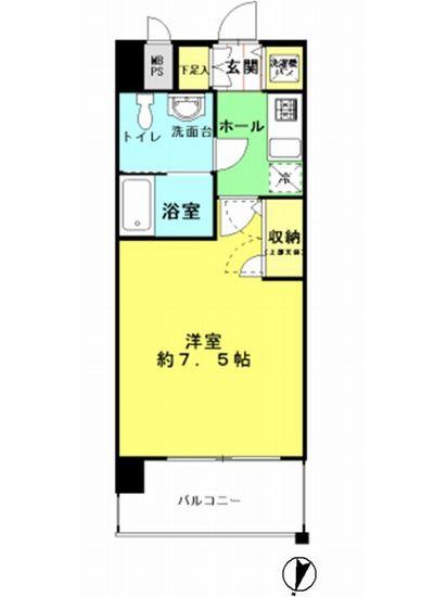 Floor plan. 1K, Price 9.5 million yen, Occupied area 24.58 sq m , Balcony area 4.62 sq m