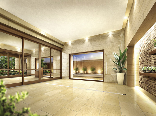 Buildings and facilities. Bright entrance hall also to visitors also live people Komu take a refreshing light and green through the glass. Profound feeling full of open space (Rendering)