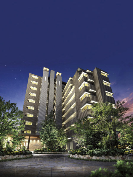 Features of the building.  [appearance] Also beautiful harmony to the evening of scenery "AMEX Hakata Tsukushi street". Lighting of planting and Entrance, Make me stand out more quaint building (Rendering)