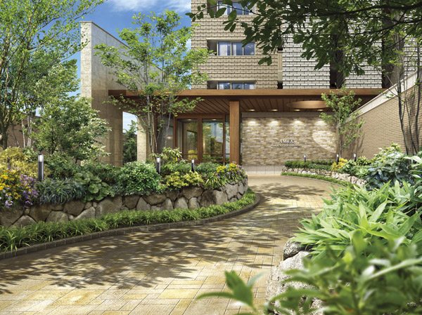 Buildings and facilities. About 100 square meters from the entrance of the road to the entrance foyer ・ Breadth of the room of the depth of about 16m. Subjected to plenty of planting to be integrated with the like park, It makes me feel the ticking change with the growth of children (approach Garden Rendering)