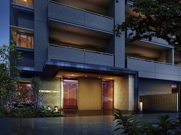 Shared facilities.  [Entrance approach] Fractionated the outside world and a clear distinction, Entrance approach invites to the serene private space. An air of stylish texture eaves of the sleeve wall and the L type of natural stone, Will change at night and to encapsulating the soft light space the look. (Rendering)