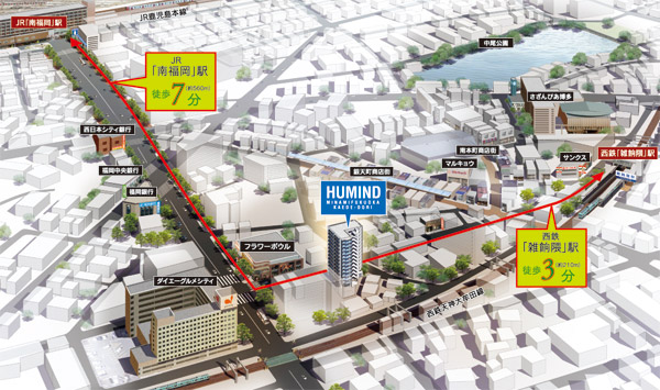 Features of the building.  [Location traffic conceptual diagram] Nishitetsu "Zatsushonokuma" a 3-minute walk to the station, JR "Minami-Fukuoka" a 7-minute walk to the station. Excellent Fukuoka southern base for access to the city center, It is born in the town Ginten area <Hugh Mind Minami-Fukuoka Maple Street>. Every day of shopping, In Daiei Gourmet City and Ginten the town shopping district. convenience store, pharmacy, Has also been enhanced convenience facilities such as banks.