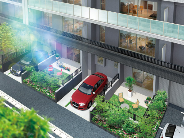 balcony ・ terrace ・ Private garden.  [Private garden] Enjoy gardening in accordance with the season on the first floor, It was also a dedicated garden with a dwelling unit who are active at the time of Asobaseru children. Detached feeling full of a private parking. (F1 from left illustrations ・ G1 private garden Rendering)