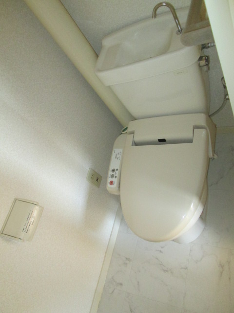 Toilet. Cleaning toilet seat is attached.