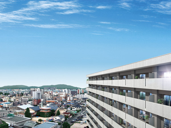 Features of the building.  [appearance] JR Yoshizuka birth is "alpha life Yoshizuka Station east" to access convenient environment of a 7-minute walk to the train station. From DINKS to family, Those living environment and functionality of high house of enhancement to meet the wide range of lifestyle was synthesized Exterior - Rendering in photographs taken from the 8th floor considerable height local to fusion (July 2013, In fact a slightly different)