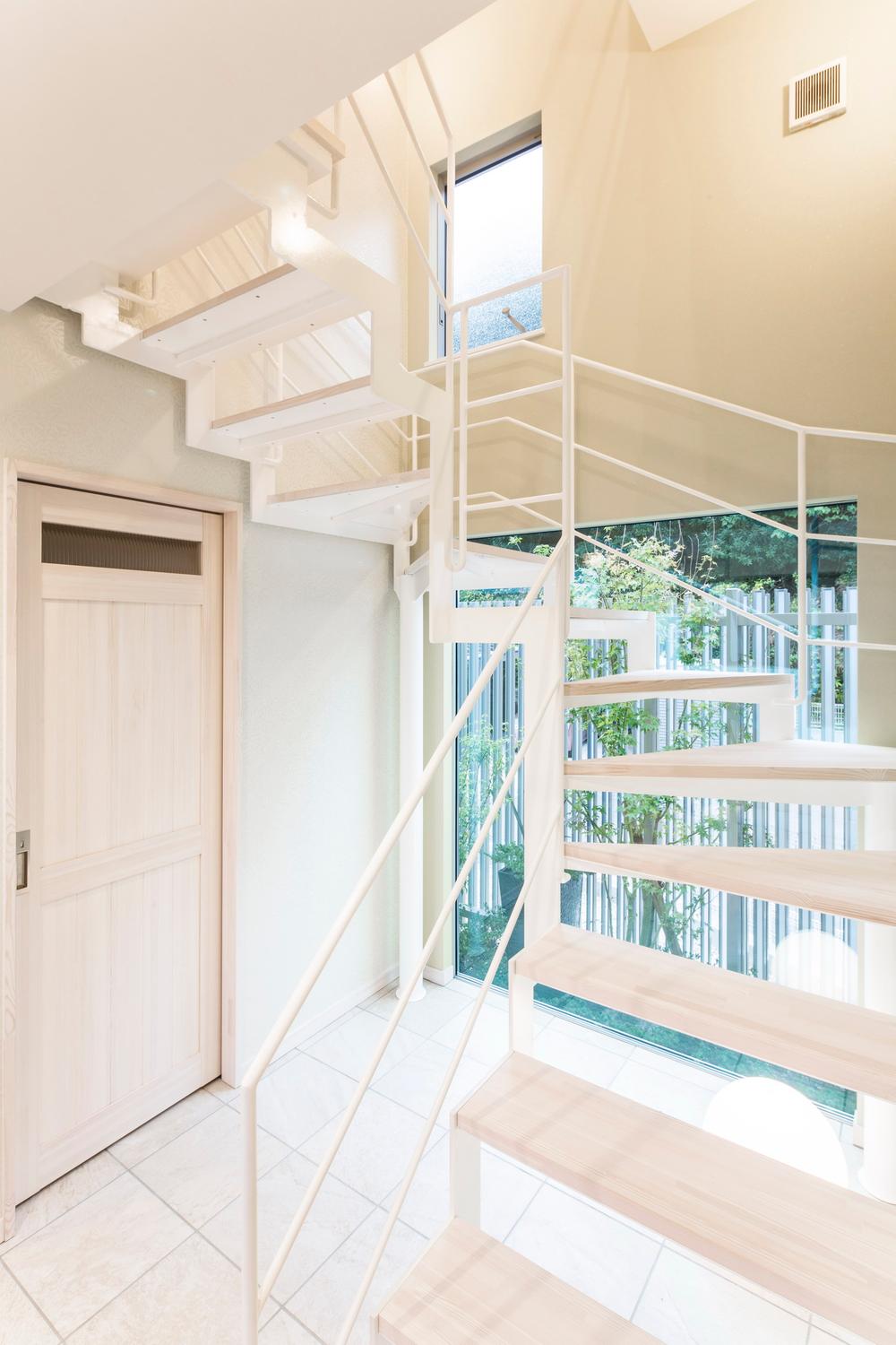 Building plan example (introspection photo). White slit stairs full of cleanliness.