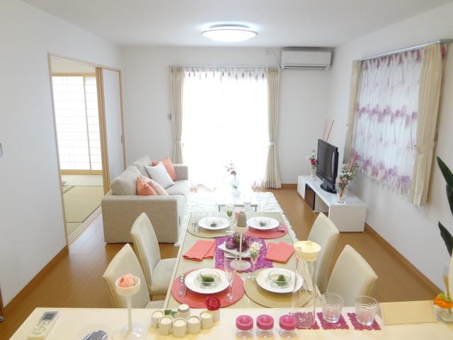 Living. No. 22 land model house. I interior is very cute with the pink tones