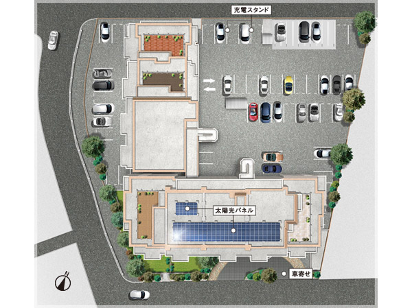 Features of the building.  [Charging stand ・ Flat 置駐 car park] EV the growing future demand is expected ・ For PHV vehicles, Offer a charging stand. Also, The flat 置駐 car park to ensure about 80%, Parking per month has set from 500 yen. (Site layout)