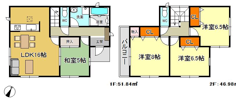 Floor plan. 28.8 million yen, 4LDK, Land area 175.81 sq m , Building area 98.82 sq m □ Zenshitsuminami direction □ Face-to-face kitchen □ Building 2 □ Land area 53 square meters □ Parking 2 cars