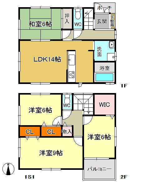 Floor plan. 26,800,000 yen, 4LDK + S (storeroom), Land area 125.5 sq m , It is a building area of 98.82 sq m 1 Building. Two possible standard-sized car.