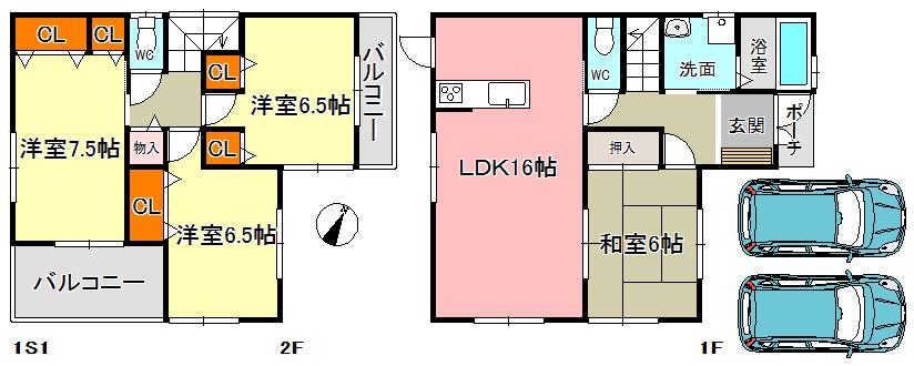 Floor plan. 23.8 million yen, 4LDK, Land area 200.45 sq m , Building area 98.82 sq m 2 Building 4LDK Parking 2 cars Ken'nobe area: 98.82 sq m 1F with shutter shutters