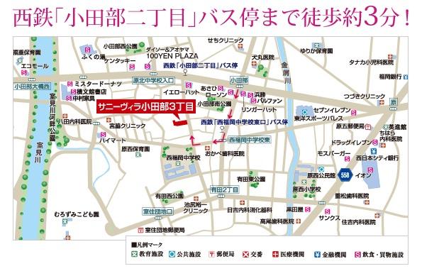 Local guide map. "Western Fukuoka junior high school east exit" bus stop 3-minute walk. And good access to the Hakata district.
