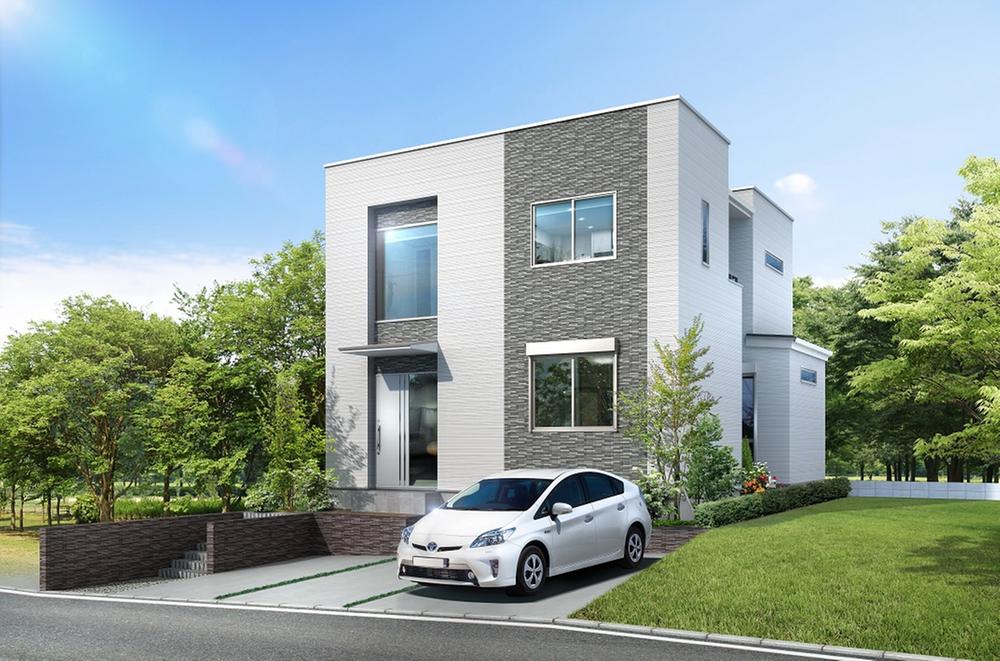 Local appearance photo. Forest Koenmae model house floor area of Itatsu 117.13 sq m (35.42 square meters) have spacious parking space