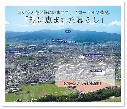 aerial photograph. It is surrounded by blue sky and flowers and greenery, Slow Life enjoy "living blessed with green"