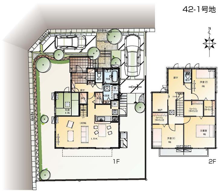 Floor plan.  [42-1 No. land] So we have drawn on the basis of the Plan view] drawings, Plan and the outer structure ・ Planting, such as might actually differ slightly from. Also, furniture ・ bicycle ・ Car, etc. are not included in the price.
