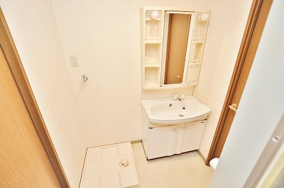 Washroom. Vanity and washing machine inside the room