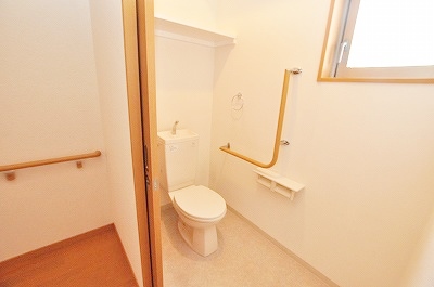 Toilet. Happy on the shelf behind is what down