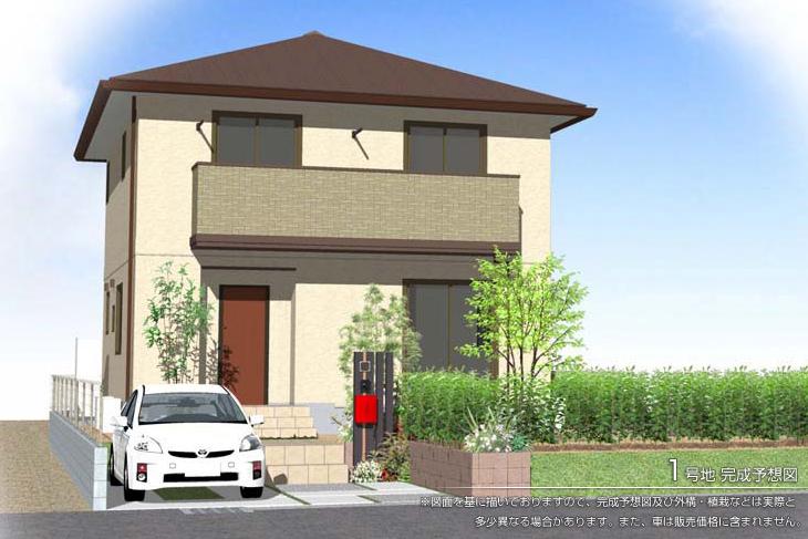Local appearance photo.  [No. 1 destination] [No. 1 destination Rendering], so we have drawn on the basis of the drawings, Rendering and the outer structure ・ Planting, such as might actually differ slightly from.  Also, The car is not included in the price.