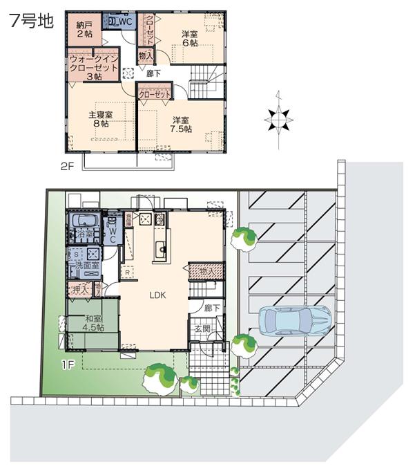 Floor plan.  [No. 7 land] [Plan Diagram] ※ Plan and Exterior therefore are drawn with reference to the accompanying drawings ・ For planting, In fact and it may be slightly different.  Also, car ・ It is such as furniture not included in the price.