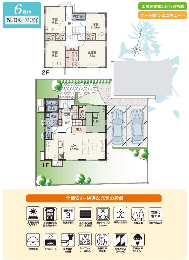 Floor plan.  [No. 6 areas] So we have drawn on the basis of the Plan view] drawings, Plan and the outer structure ・ Planting, such as might actually differ slightly from.  Also, furniture ・ Car, etc. are not included in the price.